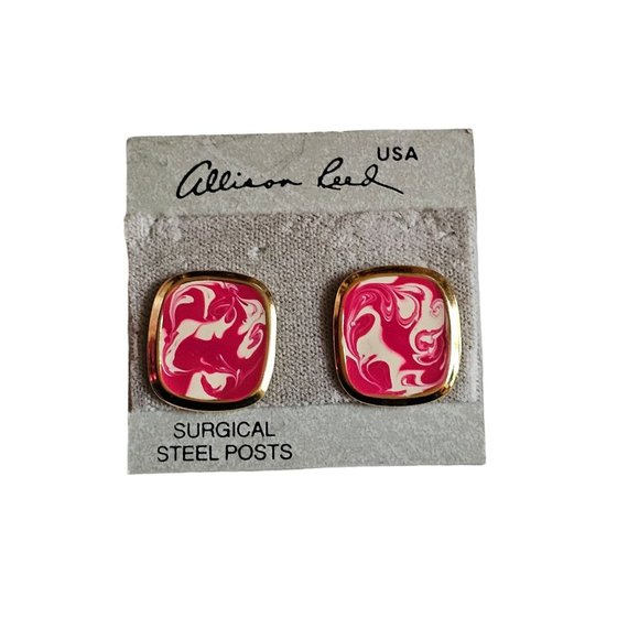 Vintage ALLISON REED Paint Pink White Swirl Rectangular PIERCED EARRINGS - Picture 3 of 11